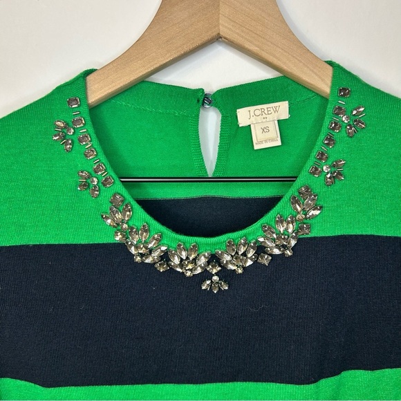 J.Crew Navy Blue and Green Stripe Bejeweled Merino Wool Short Sleeve Sweater, XS - Picture 3 of 9